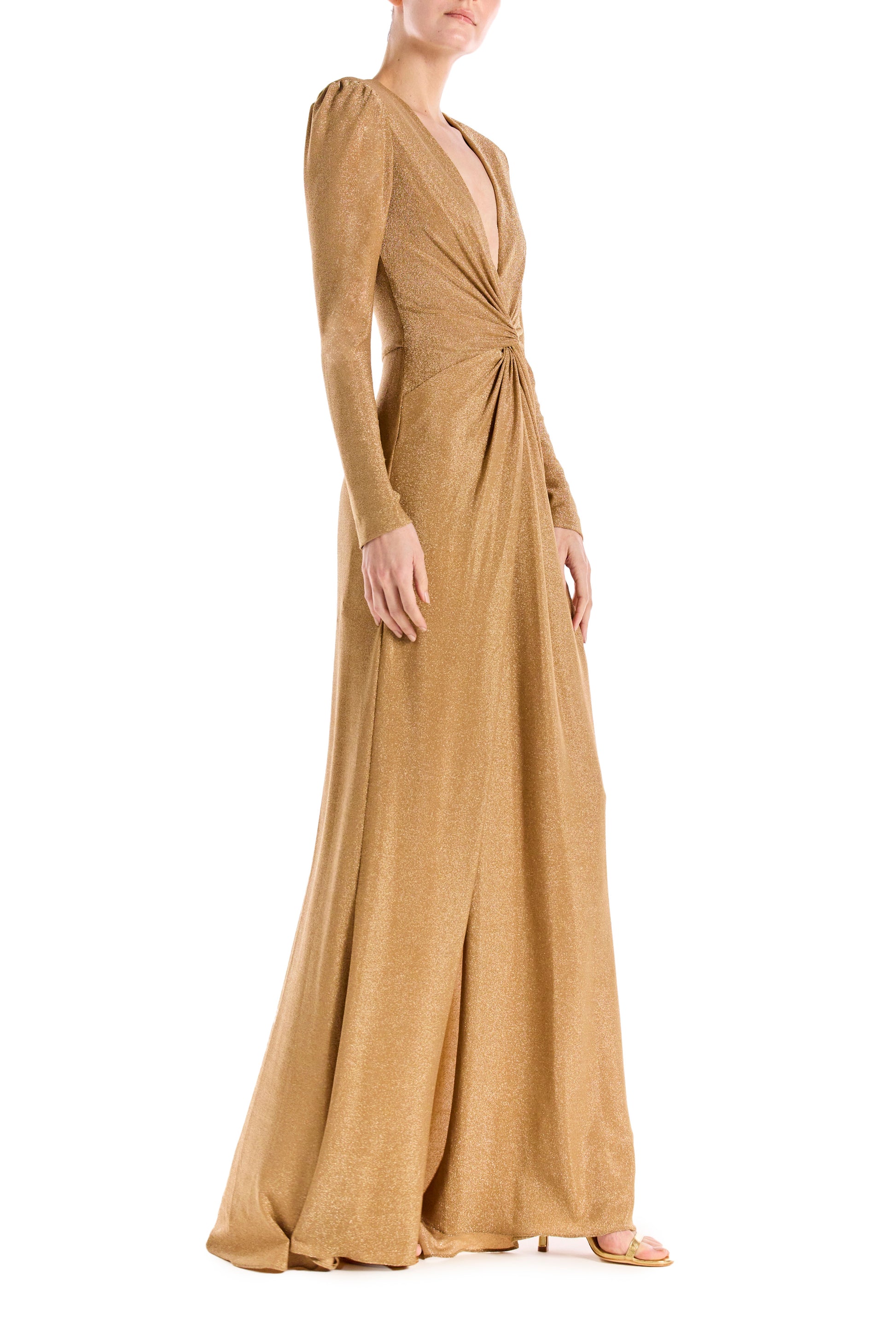 Antique Gold glitter knit dress with long sleeves and deep vneck.