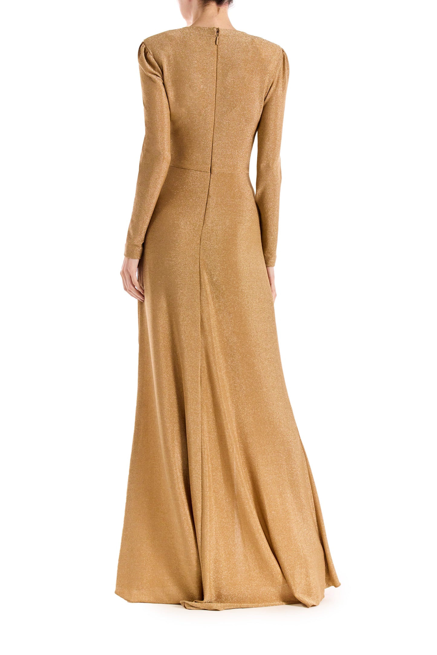 Antique Gold glitter knit dress with long sleeves and deep vneck.