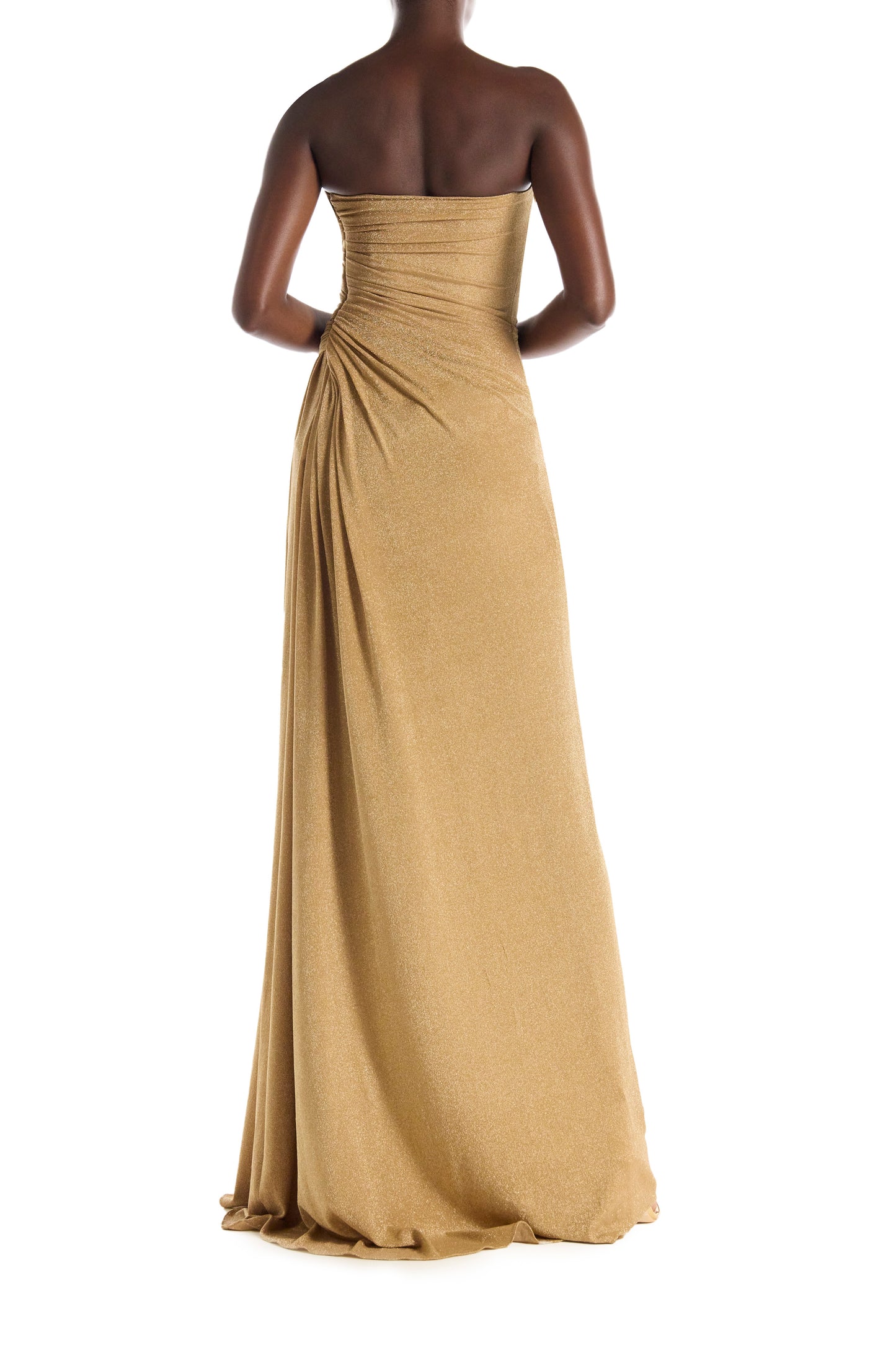 Monique Lhuillier sweetheart neckline strapless gold dress in antique gold glitter knit fabric with high slit.