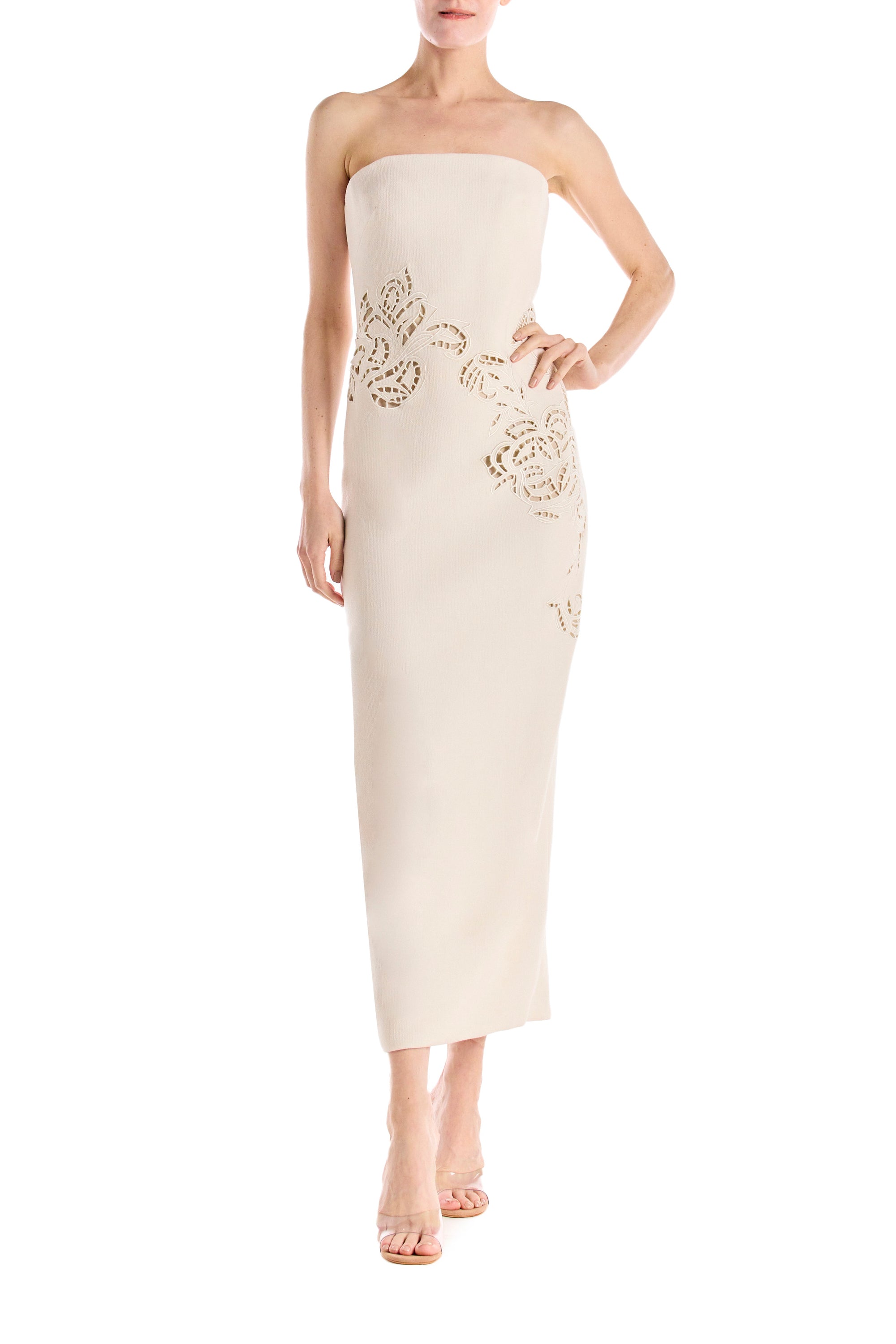 Monique Lhuillier Silk White embroidered wool dress with floral cut-outs over nude lining - front.