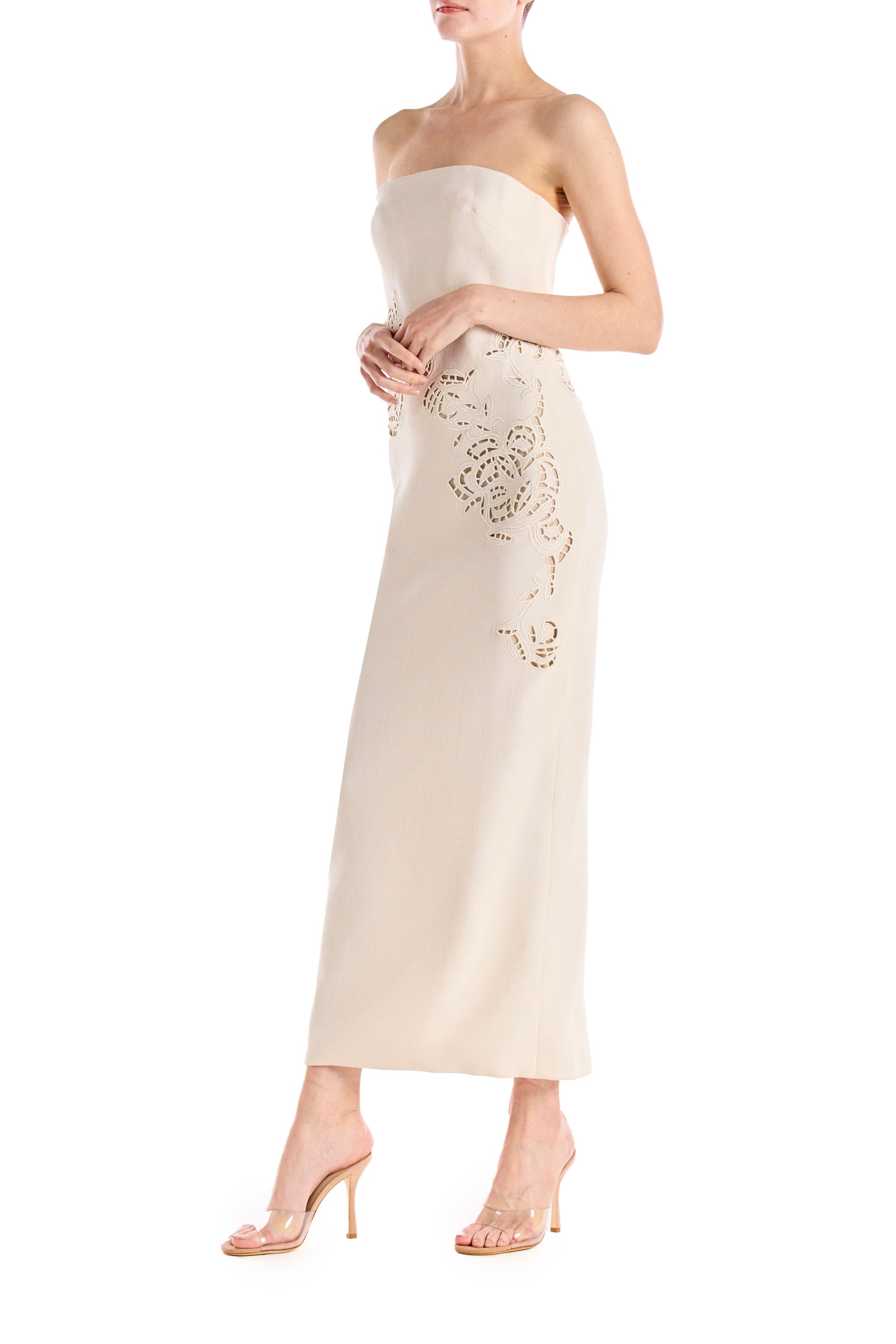 Monique Lhuillier Silk White embroidered wool dress with floral cut-outs over nude lining - left side.