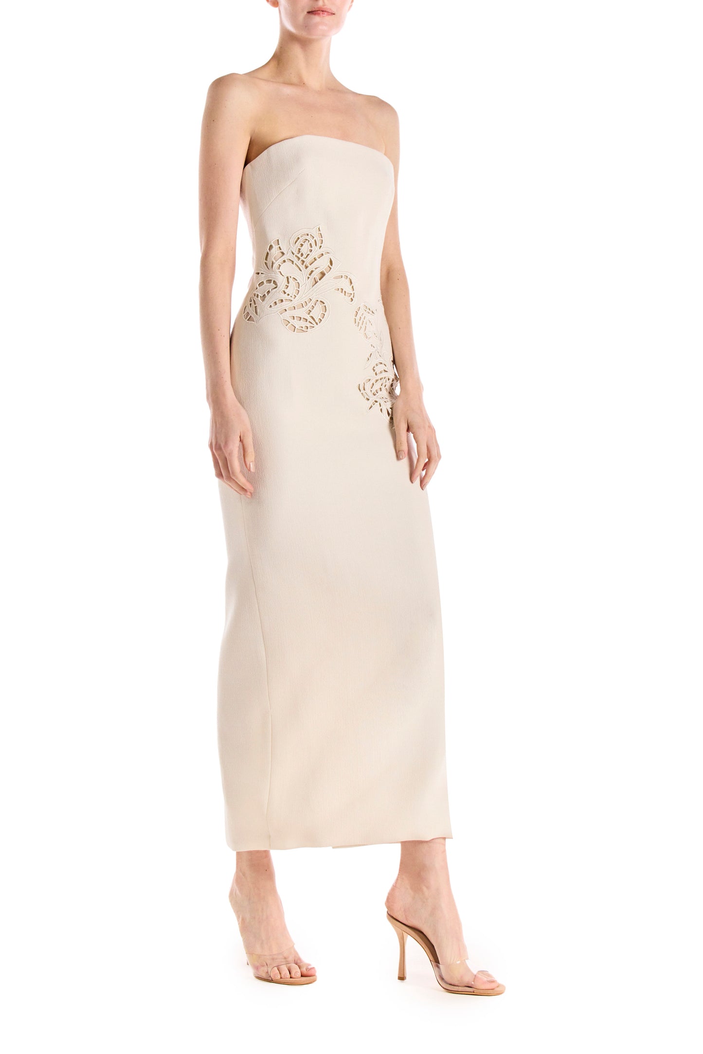 Monique Lhuillier Silk White embroidered wool dress with floral cut-outs over nude lining - right side.