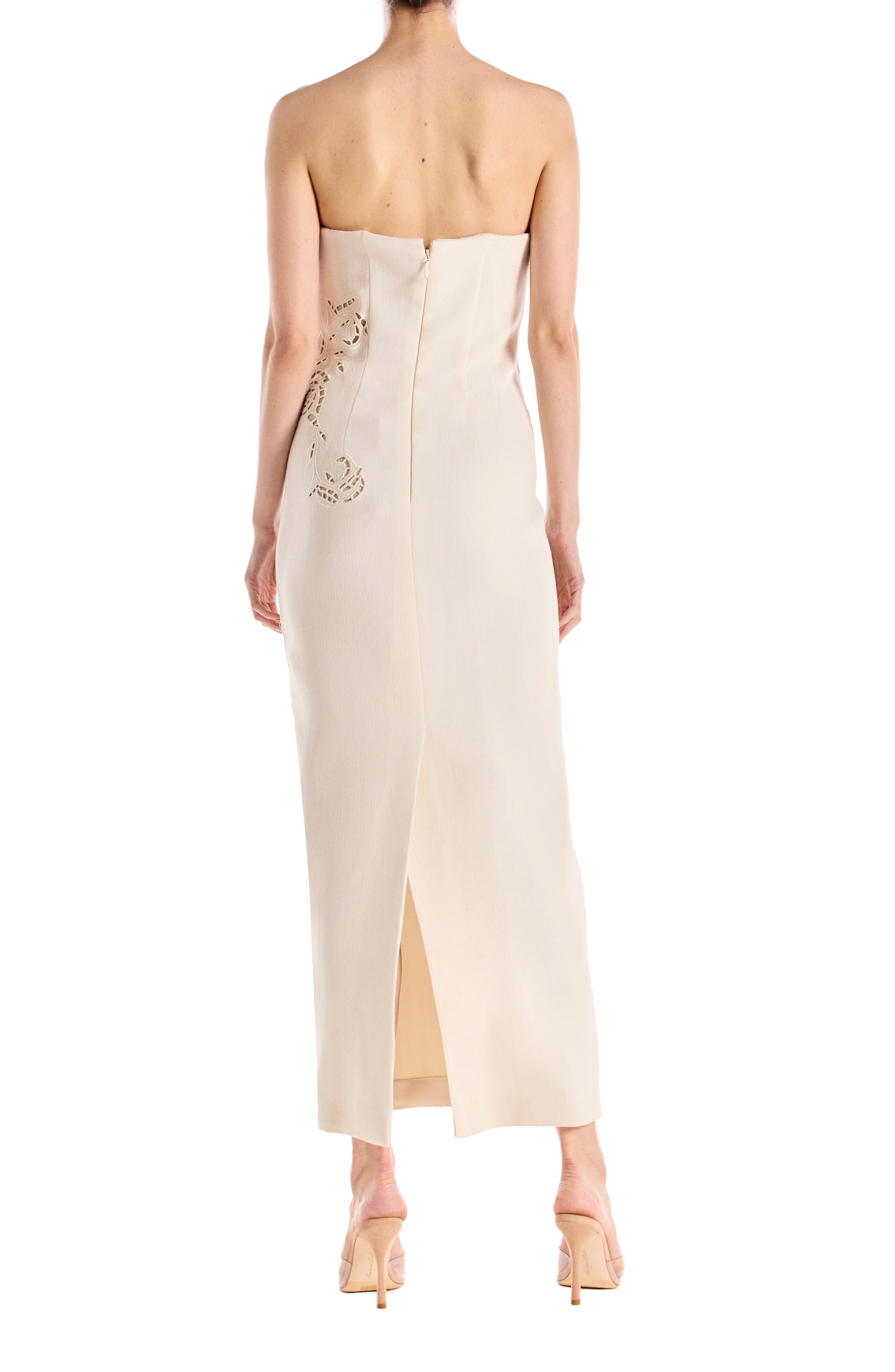 Monique Lhuillier Silk White embroidered wool dress with floral cut-outs over nude lining - back.