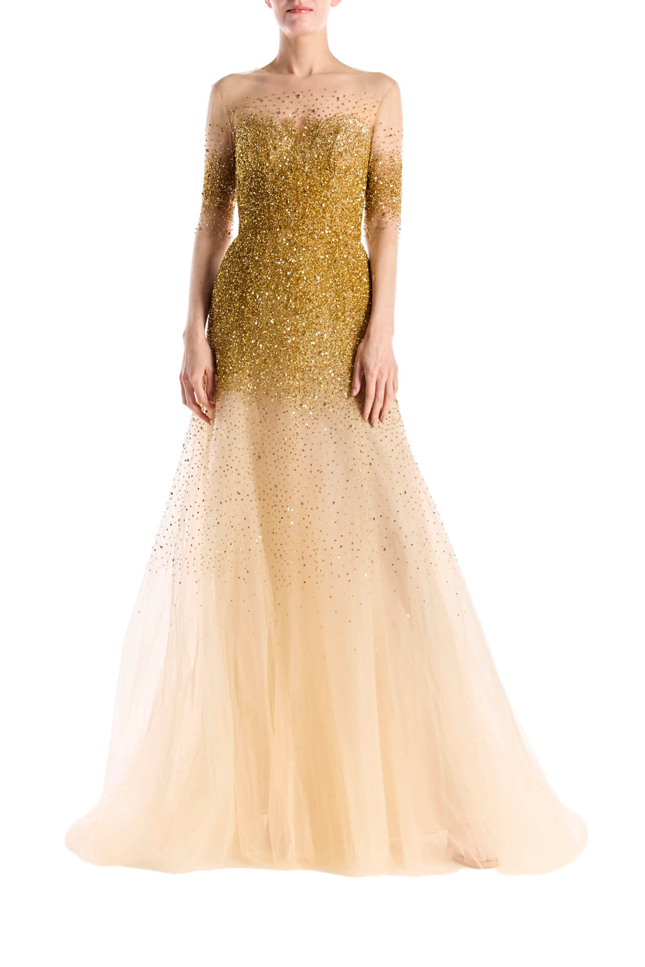 Monique Lhuillier illusion neckline and sheer 3/4 sleeve ballgown with cascading gold embroidery.