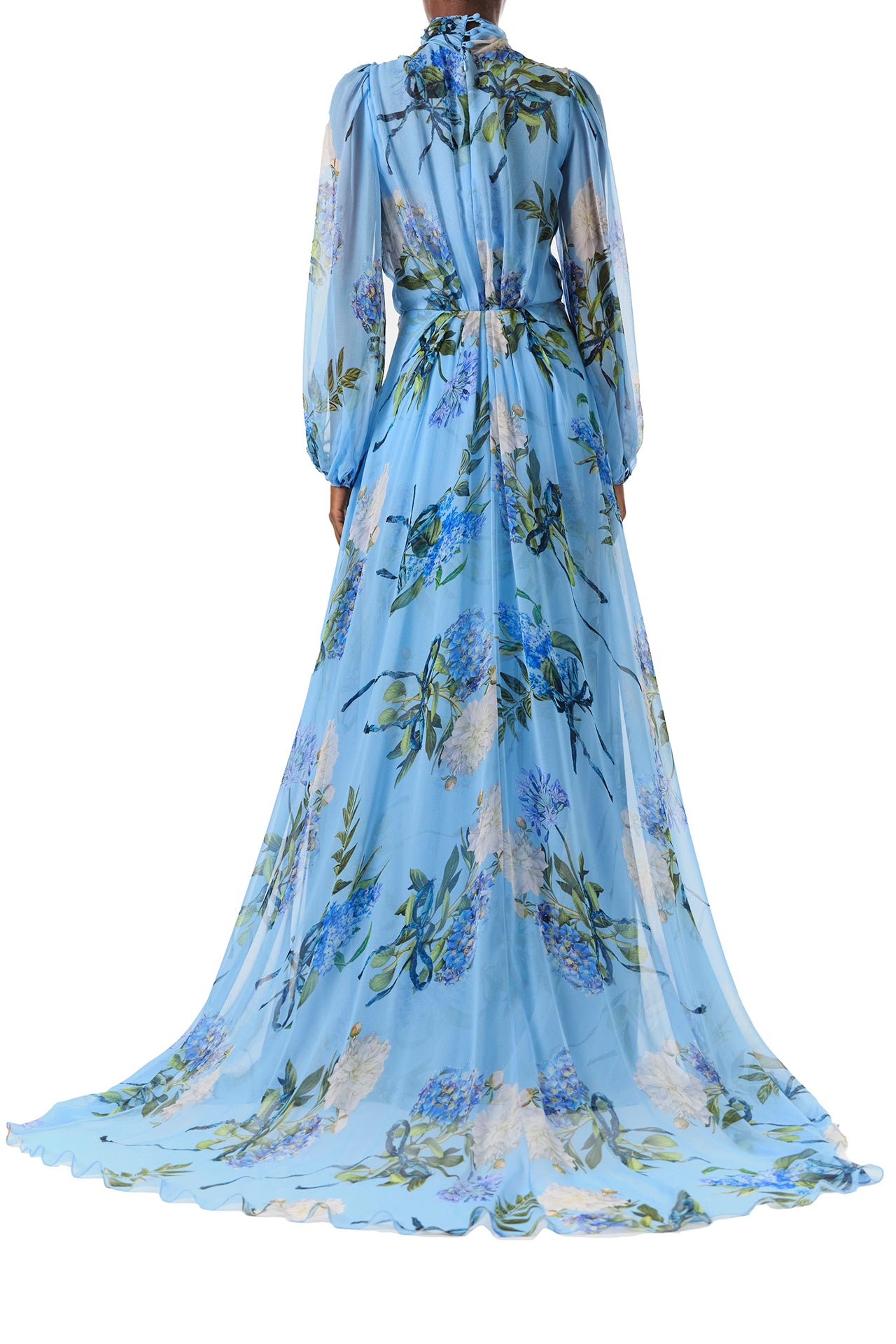 Monique Lhuillier Fall 2024 long sleeve gown in blue floral printed chiffon with self-tie neckline - back.