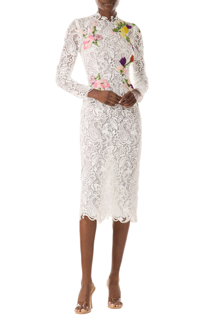 Monique Lhuillier midi length, long sleeve white lace dress with floral embroidery.