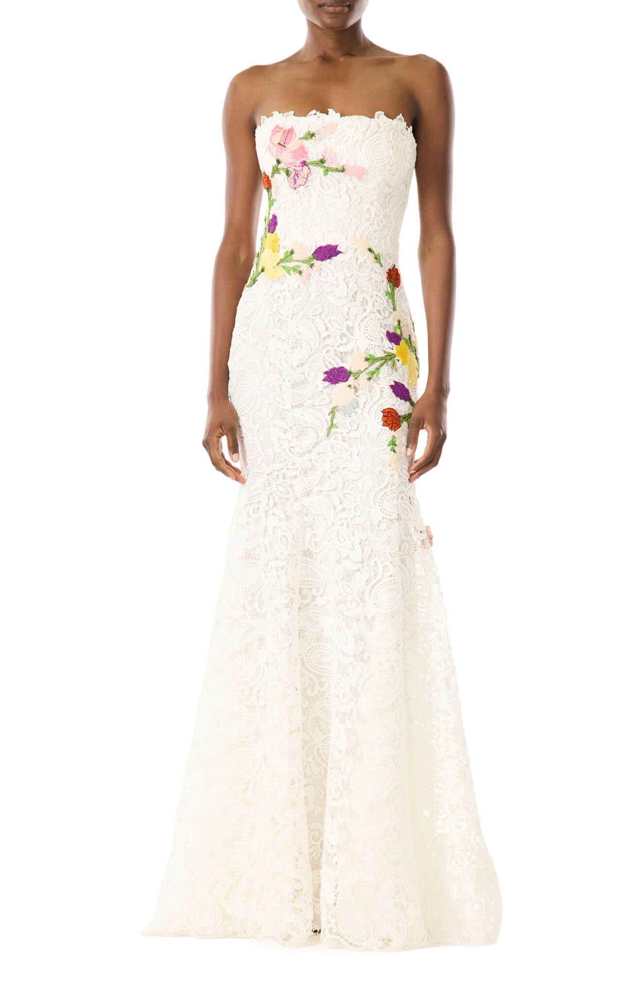 Monique Lhuillier white lace strapless gown with floral embroidery.