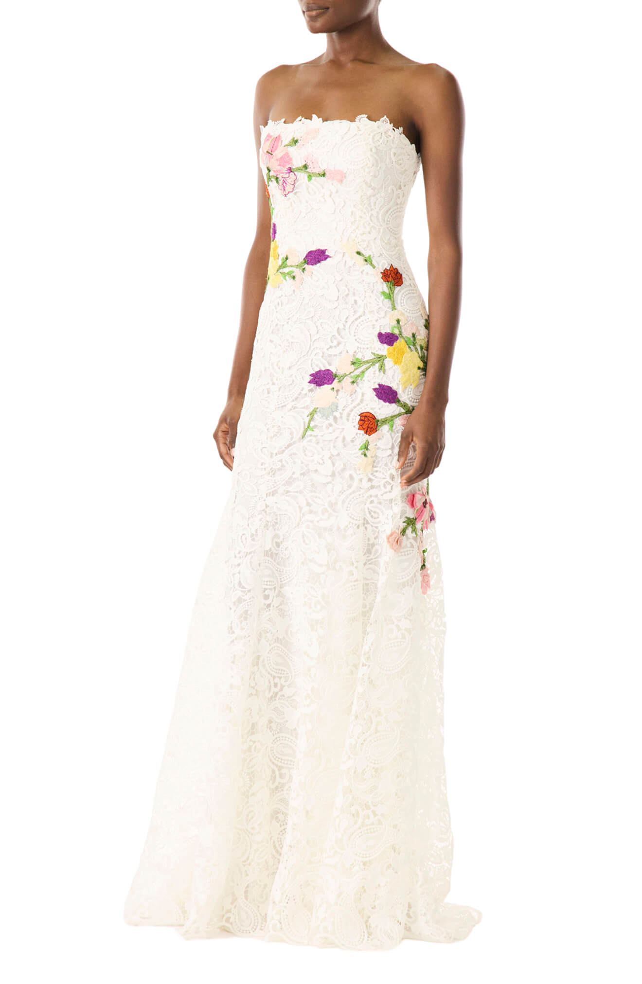 Monique Lhuillier white lace strapless gown with floral embroidery.