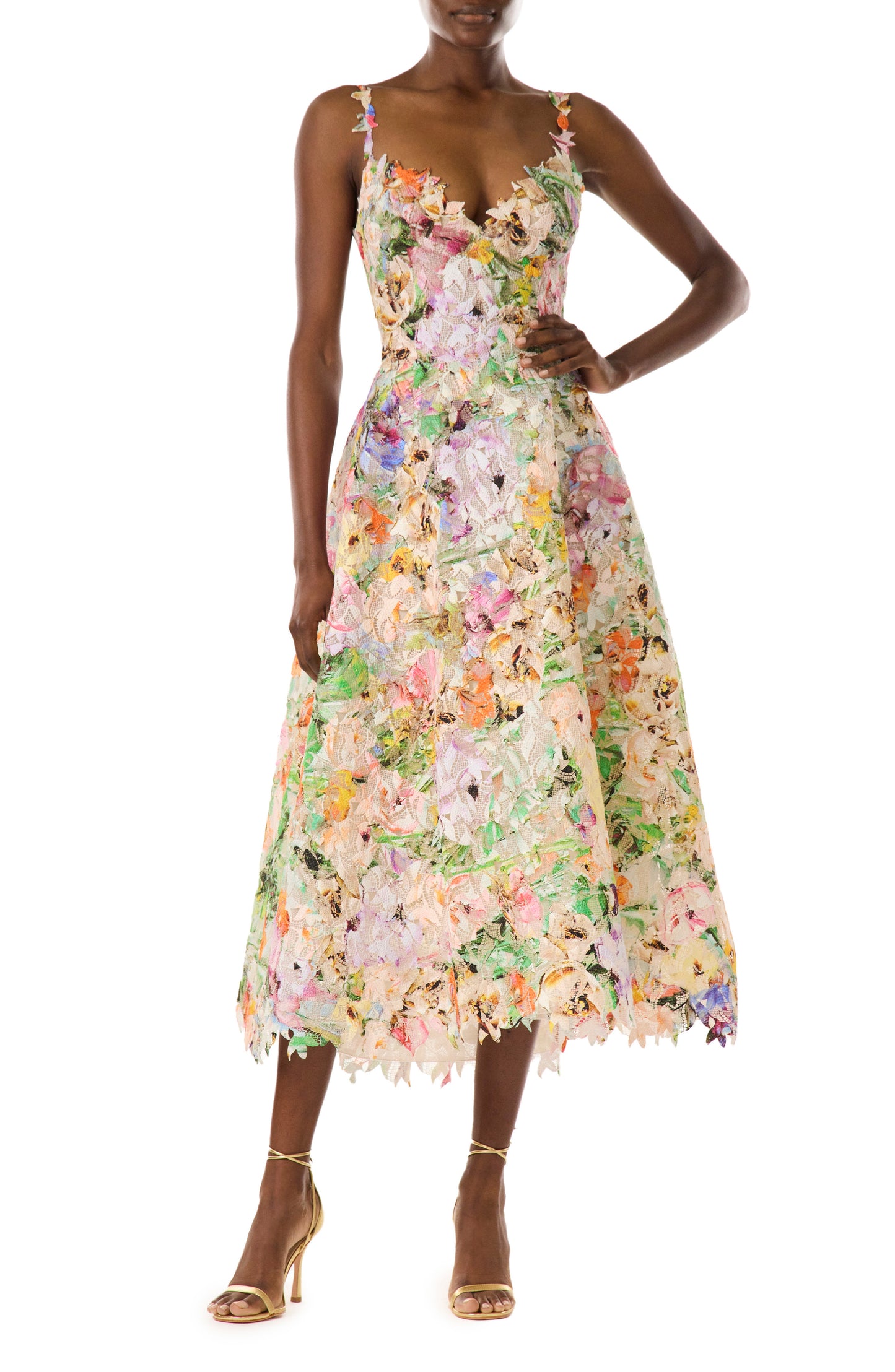 Monique Lhuillier floral printed lace midi dress.