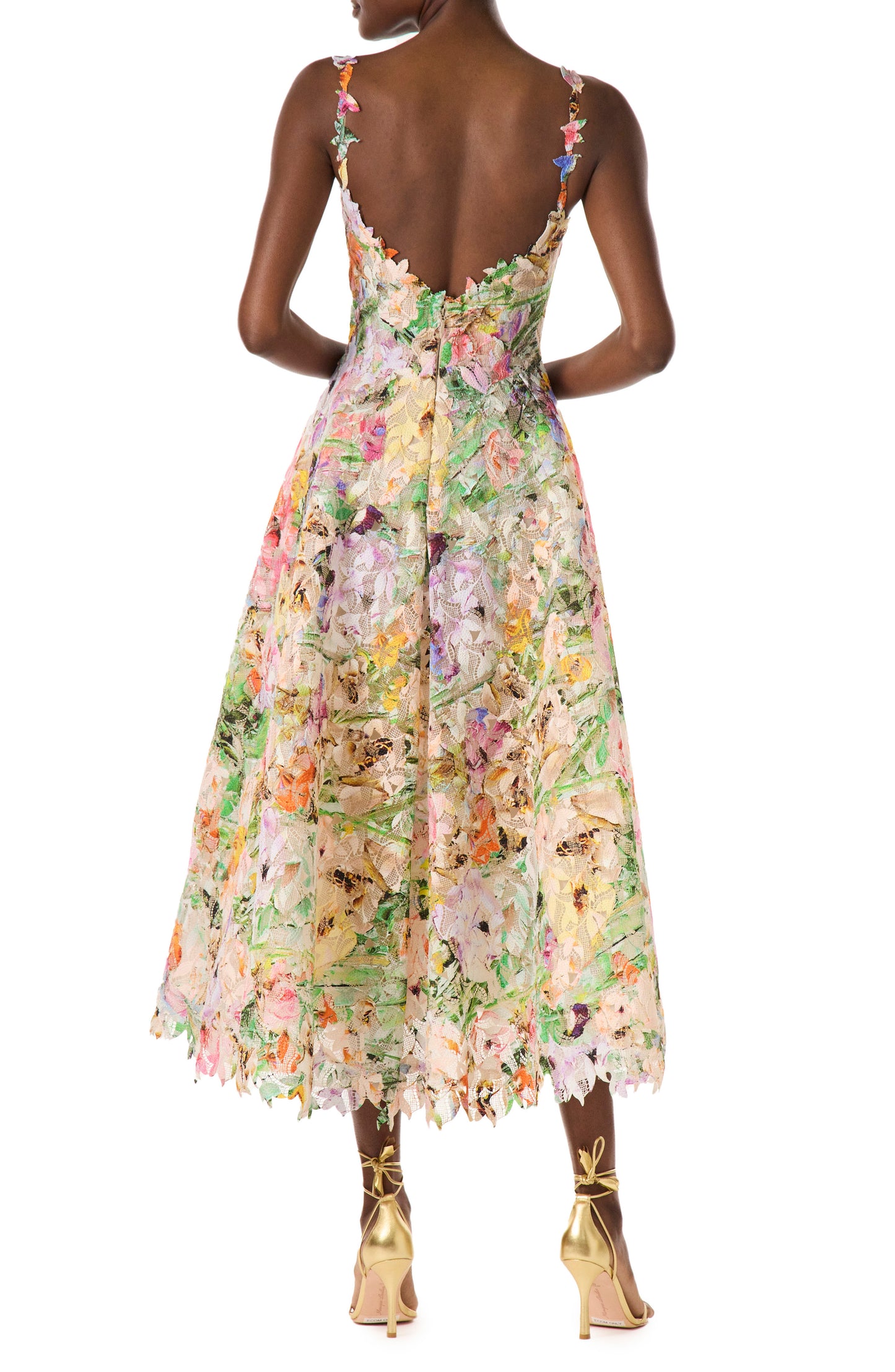 Monique Lhuillier floral printed lace midi dress.