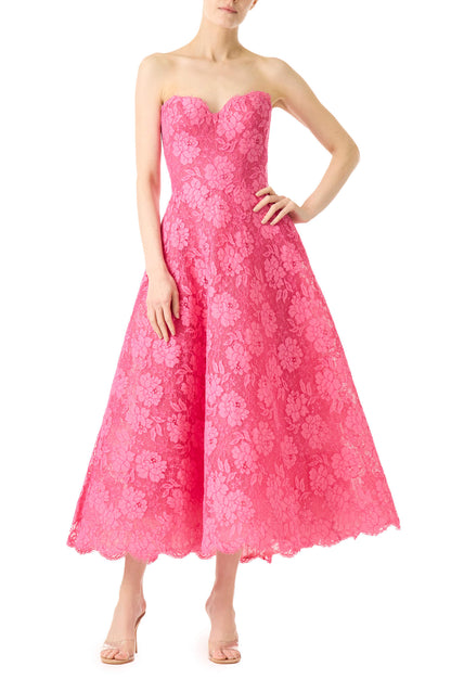 Monique Lhuillier strapless pink lace cocktail dress with full skirt.