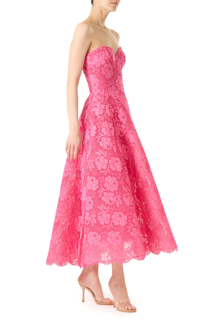 Monique Lhuillier strapless pink lace cocktail dress with full skirt.