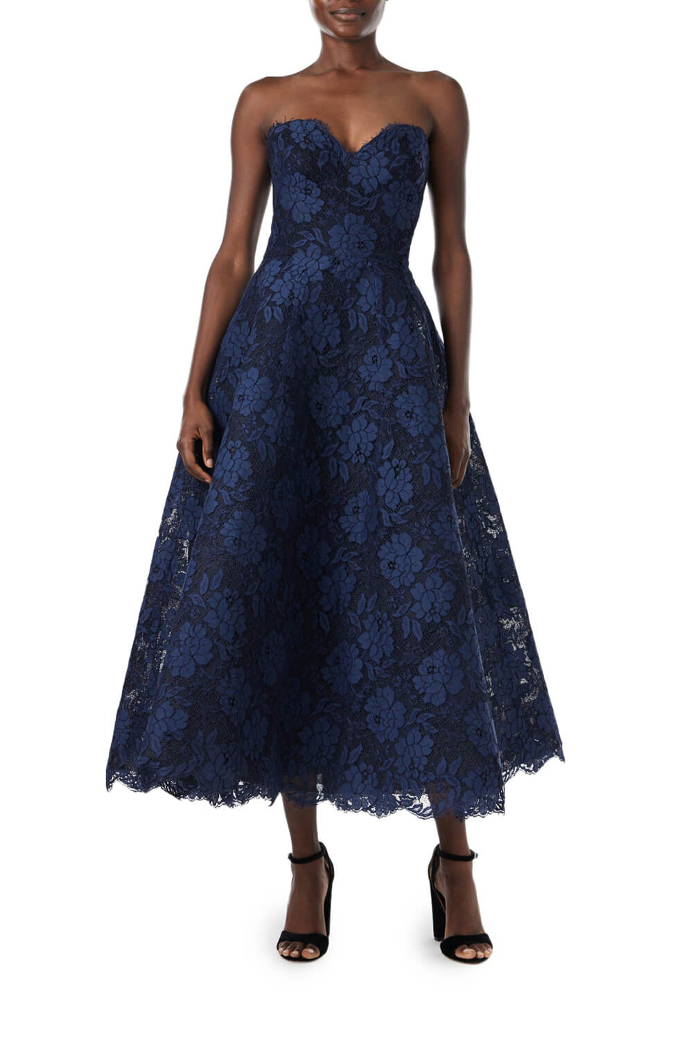 Monique Lhuillier navy lace strapless tea-length dress.