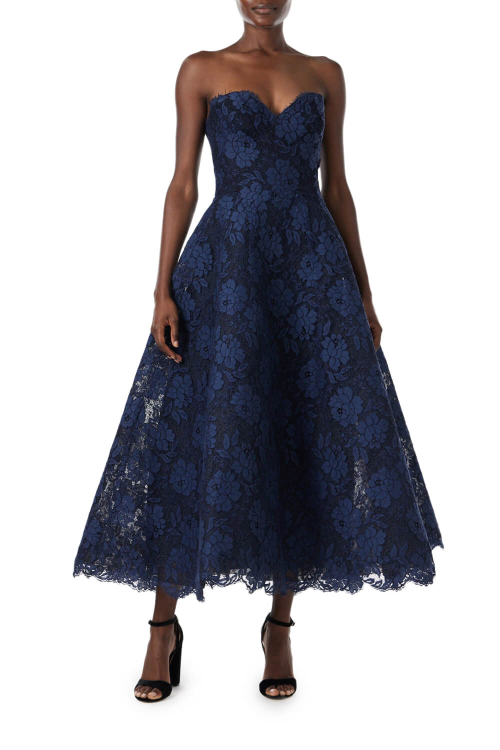 Monique Lhuillier navy lace strapless tea-length dress.