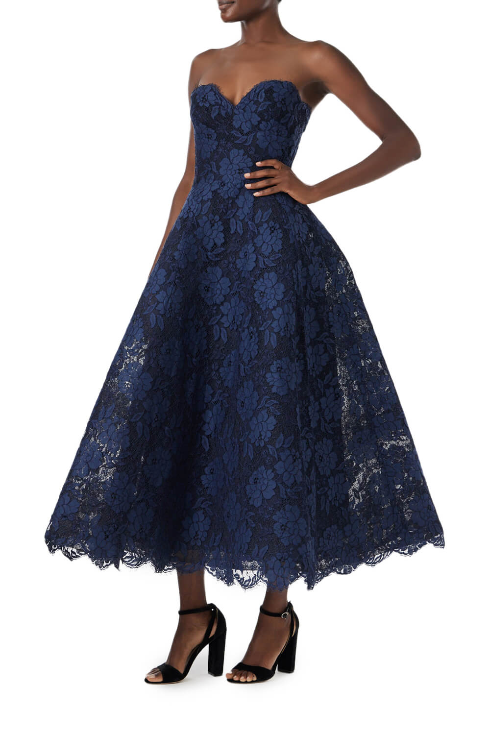 Monique Lhuillier navy lace strapless tea-length dress.