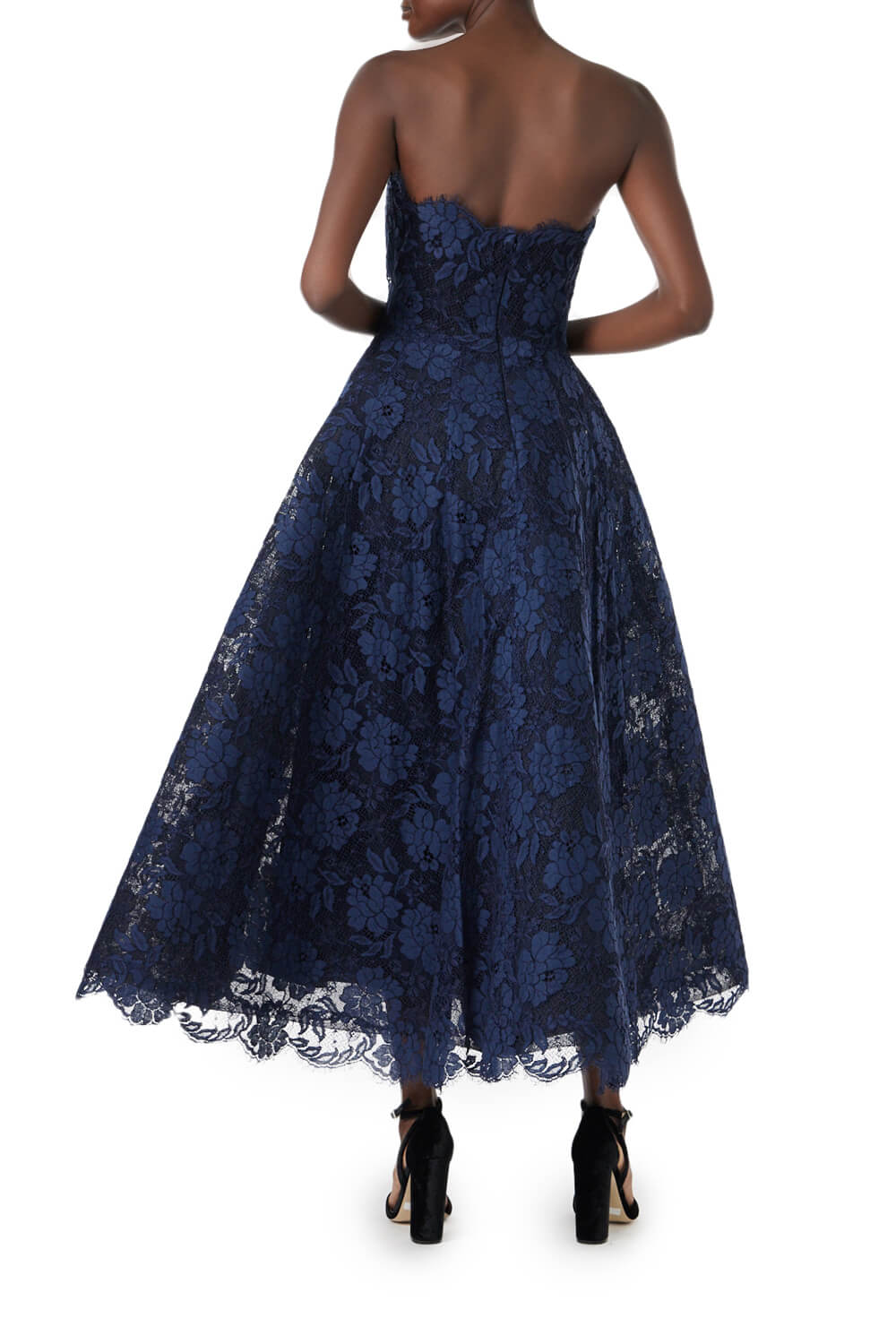 Monique Lhuillier navy lace strapless tea-length dress.