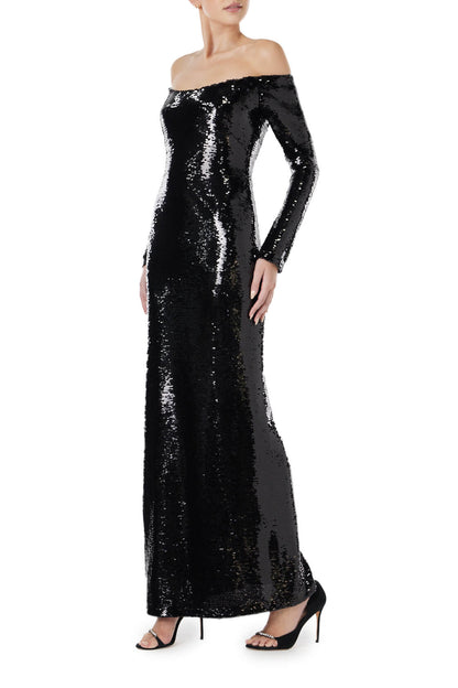 Monique Lhuillier long sleeve gown in black sequin.