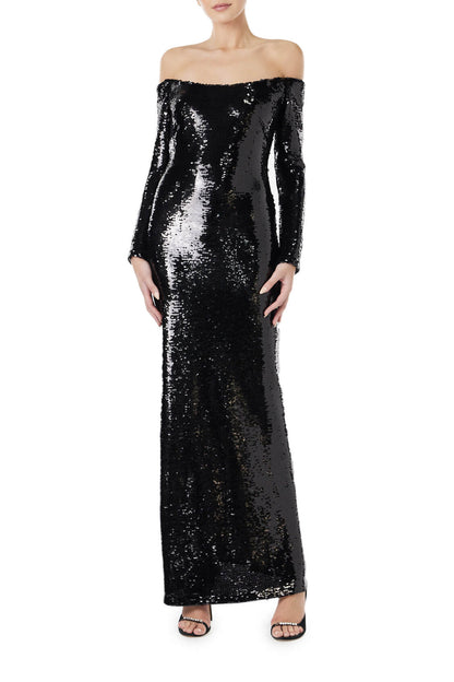 Monique Lhuillier long sleeve gown in black sequin.