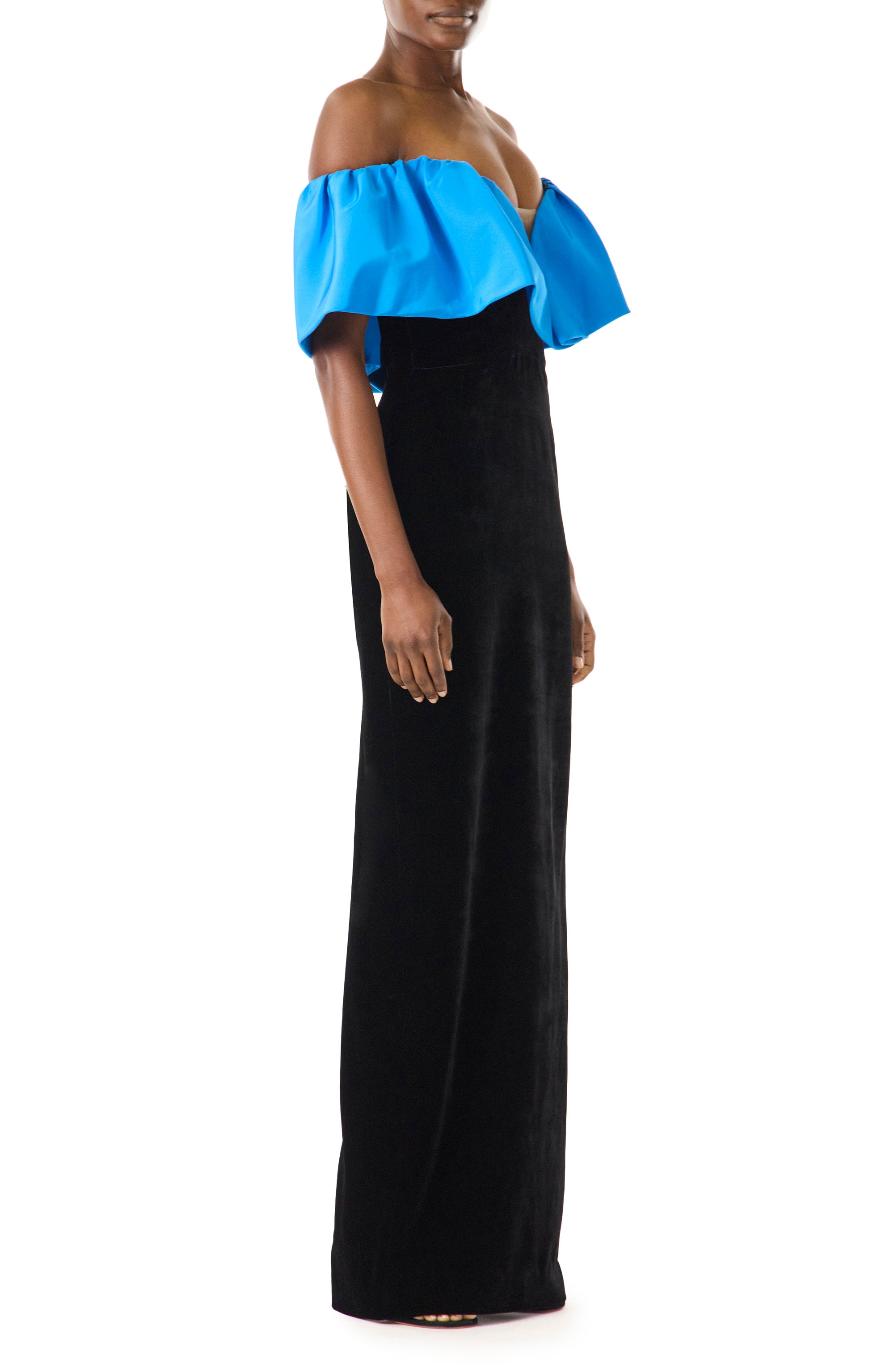 Monique Lhuillier off the shoulder gown in cobalt blue faille bodice and noir velvet skirt.