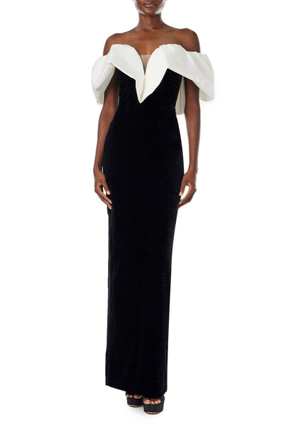 Monique Lhuillier off the shoulder gown in silk white faille bodice and noir velvet skirt.