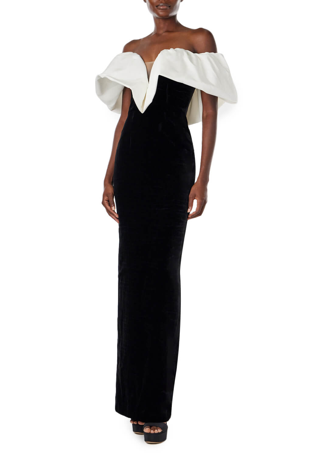 Monique Lhuillier off the shoulder gown in silk white faille bodice and noir velvet skirt.