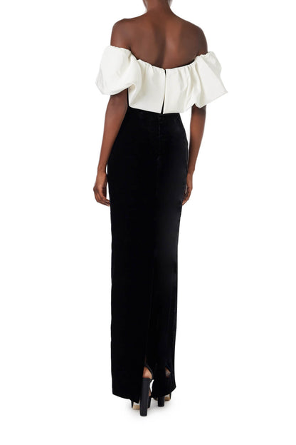 Monique Lhuillier off the shoulder gown in silk white faille bodice and noir velvet skirt.