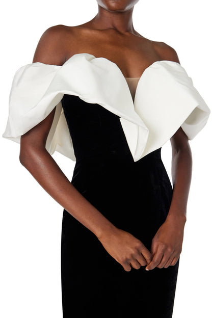 Monique Lhuillier off the shoulder gown in silk white faille bodice and noir velvet skirt.