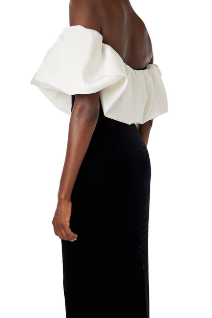 Monique Lhuillier off the shoulder gown in silk white faille bodice and noir velvet skirt.