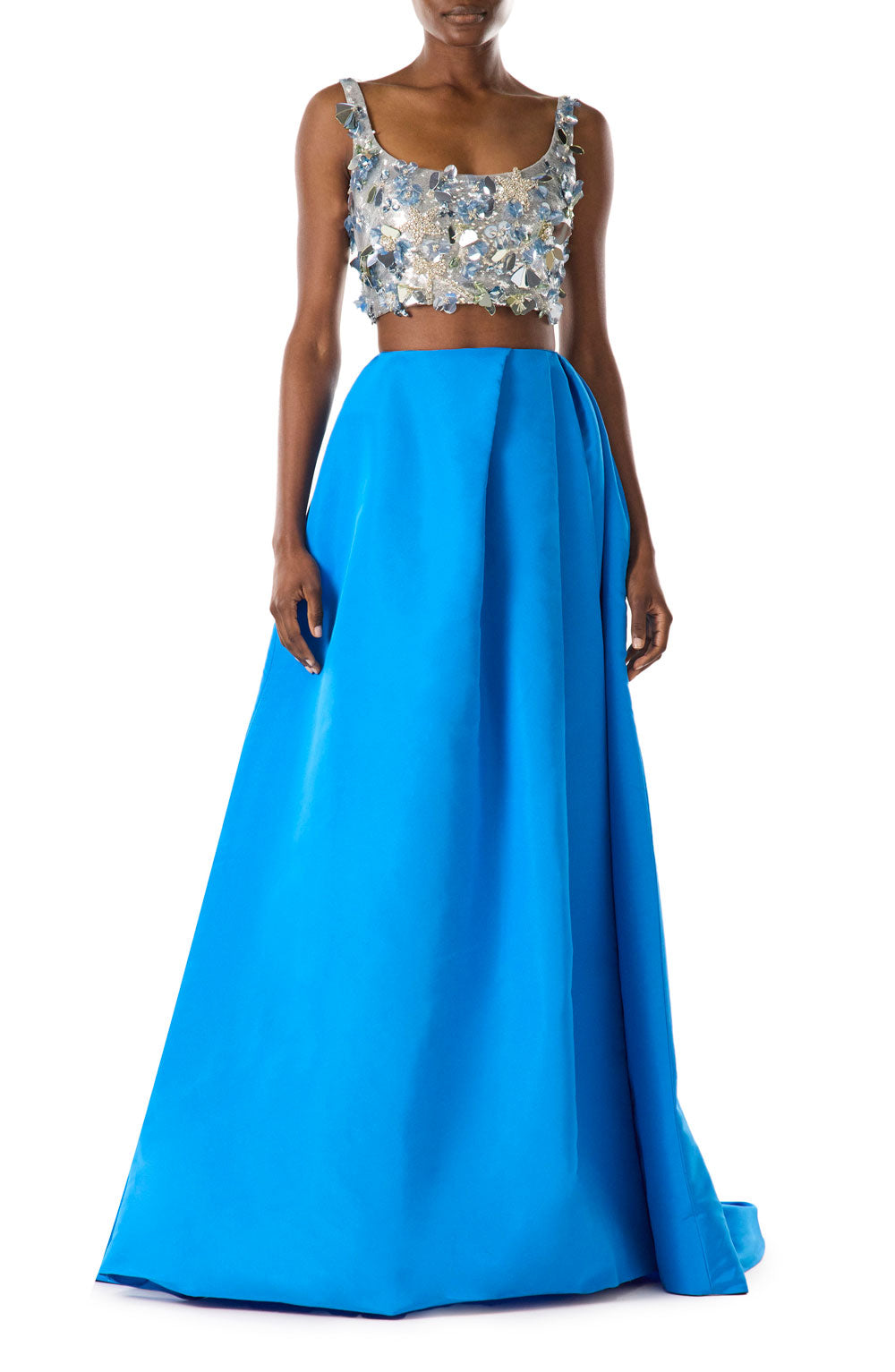 Monique Lhuillier cobalt blue silk faille ballgown skirt with pockets and high slit.  Shown with a silver embroidered crop top.