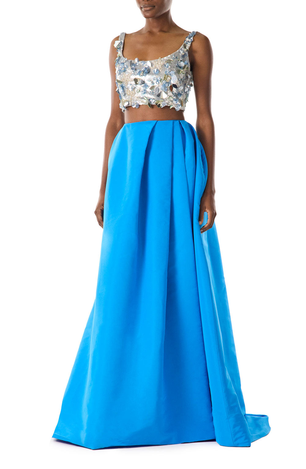 Monique Lhuillier cobalt blue silk faille ballgown skirt with pockets and high slit.  Shown with a silver embroidered crop top.