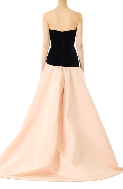 Monique Lhuillier pale blush and noir strapless ballgown with sweetheart neckline, drop waist and high slit in skirt.  