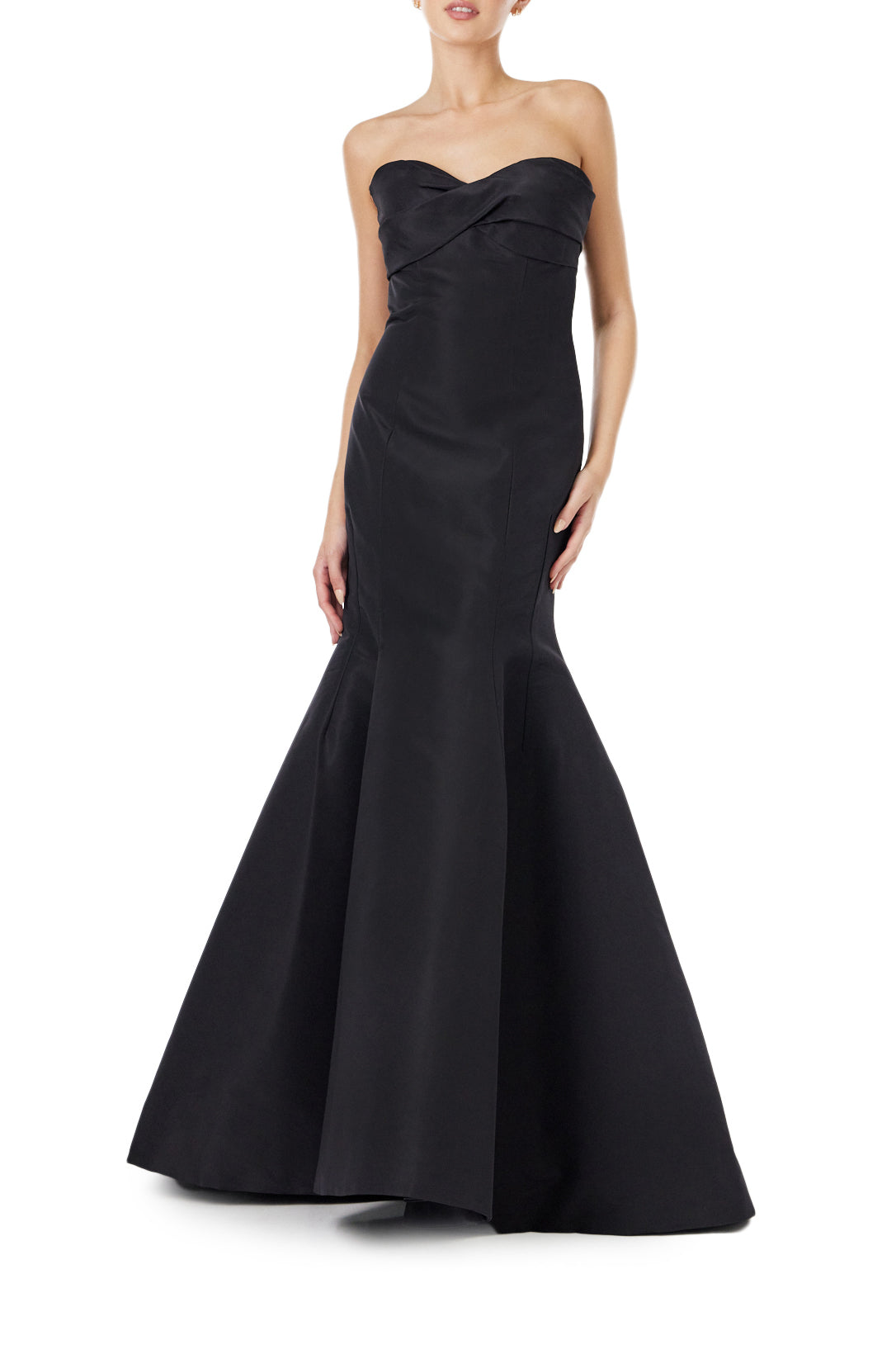 Monique Lhuillier black silk faille strapless gown with mermaid skirt.