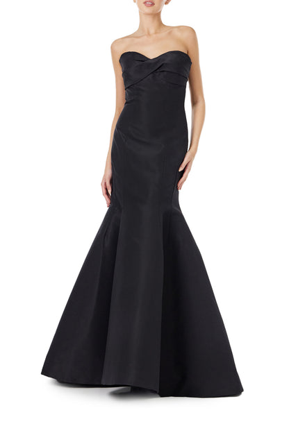 Monique Lhuillier black silk faille strapless gown with mermaid skirt.