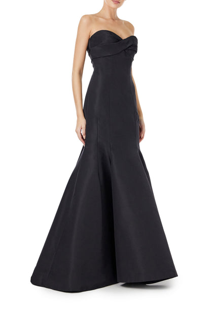 Monique Lhuillier black silk faille strapless gown with mermaid skirt.