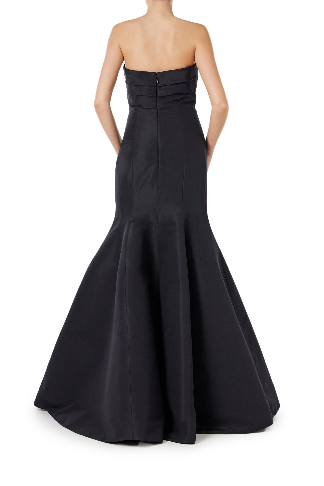 Monique Lhuillier black silk faille strapless gown with mermaid skirt.