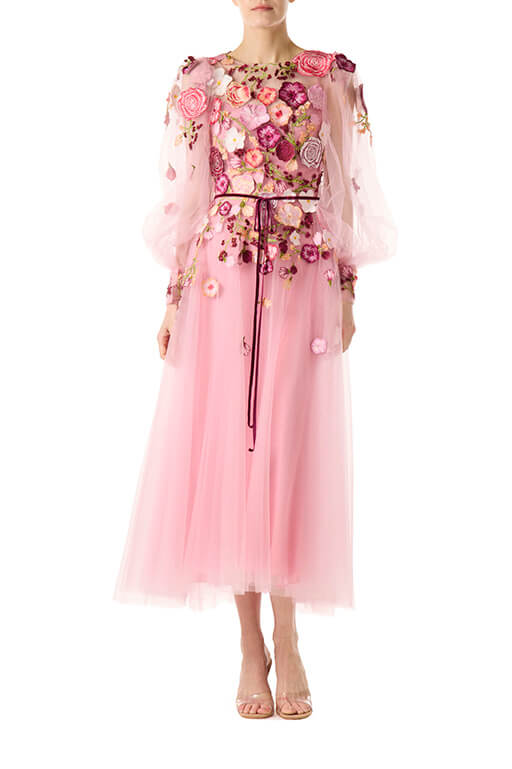 Monique Lhuillier jewel neck midi dress with sheer long sleeves in pink tulle and 3d floral embroidery.