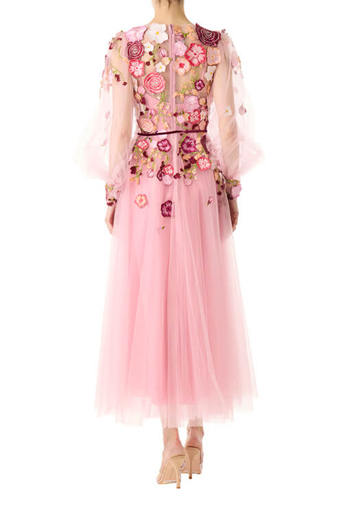 Monique Lhuillier jewel neck midi dress with sheer long sleeves in pink tulle and 3d floral embroidery.