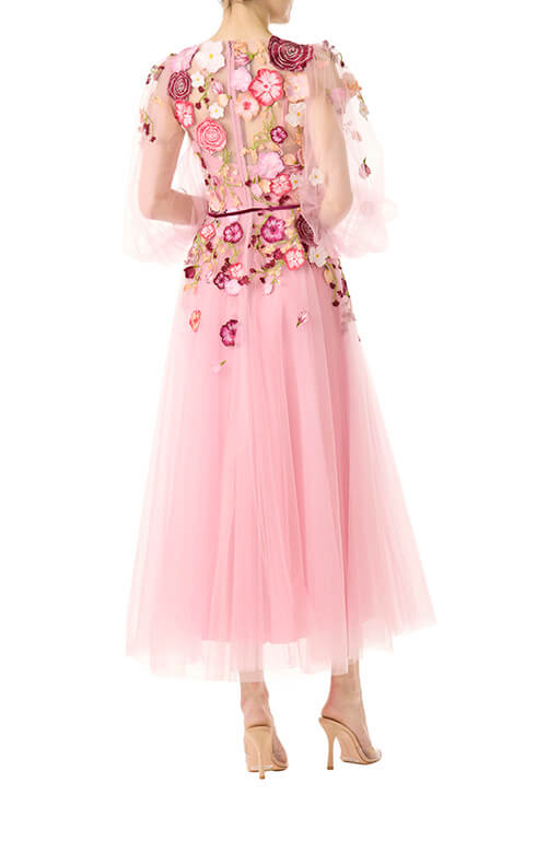 Monique Lhuillier jewel neck midi dress with sheer long sleeves in pink tulle and 3d floral embroidery.