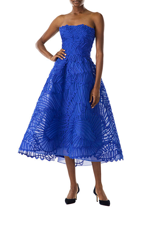 Monique Lhuillier embroidered royal blue strapless cocktail dress with tea-length full skirt.