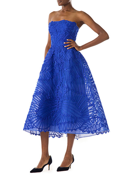 Monique Lhuillier embroidered royal blue strapless cocktail dress with tea-length full skirt.