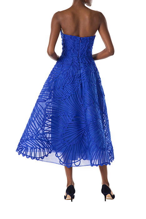 Monique Lhuillier embroidered royal blue strapless cocktail dress with tea-length full skirt.