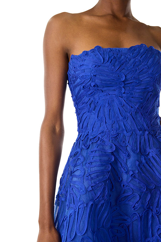 Monique Lhuillier embroidered royal blue strapless cocktail dress with tea-length full skirt.