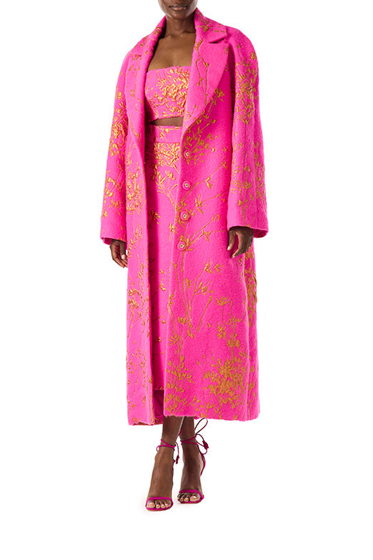 Monique Lhuillier fuchsia wool oversized coat with gold motif embroidery.