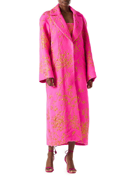 Monique Lhuillier fuchsia wool oversized coat with gold motif embroidery.