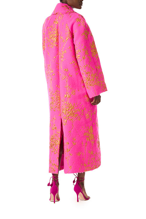 Monique Lhuillier fuchsia wool oversized coat with gold motif embroidery.