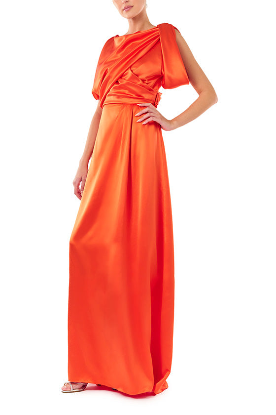 Monique Lhuillier Poppy Red crepe satin evening gown with draped bodice.