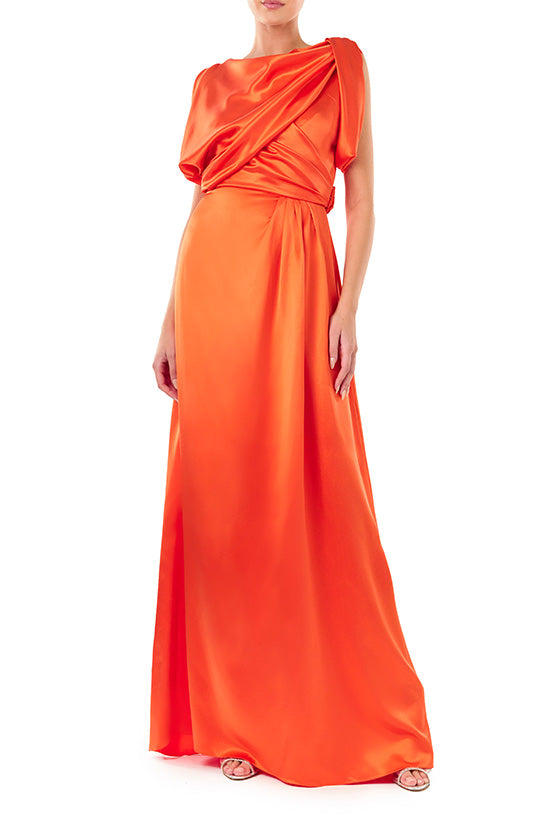 Monique Lhuillier Poppy Red crepe satin evening gown with draped bodice.