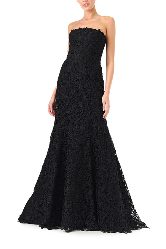 Monique Lhuillier strapless black lace mermaid gown  - front three.