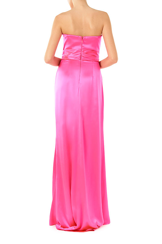 Monique Lhuillier fuchsia Strapless, crepe back satin evening gown with twist draped bodice.