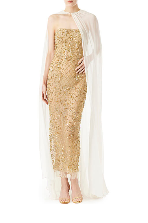 Monique Lhuillier strapless gold embroidered column gown.